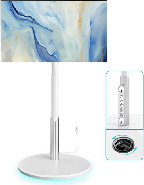 Floor Mobile TV Stand with Power Outlet, Rolling TV Cart for 27-65 Inch OLED LED Monitors, 6 Levels of Height Adjustment, Ambient Lighting on The Bottom Wheels Holds up to 88lbs, 400x400mm