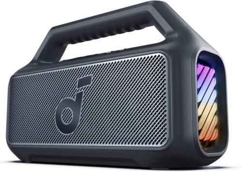 Soundcore Boom 2 by Anker, haut-parleur extérieur, 80W, caisson de basses, BassUp 2.0, 24H d'autonomie, étanche IPX7, flottant, lumières RVB, USB-C, égaliseur personnalisé, Bluetooth 5.3, portable pour le camping, la plage et le jardin