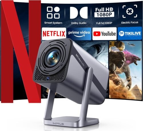 Netflix-Licensed丨20W Dolby Audio丨360°Adjustable Stand: Smart 4K Projector with WiFi 6 and 2-Way Bluetooth, Electric Focus & Auto Keystone, iWIMIUS 1080P Mini Portable Outdoor Proyector w/ HDMI ARC